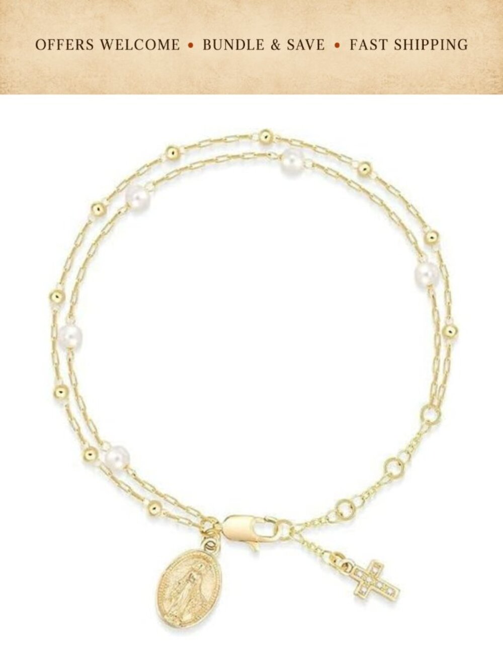 14K Gold Plated Double Layer Rosary Bracelet Pearl Cross Virgin Mary